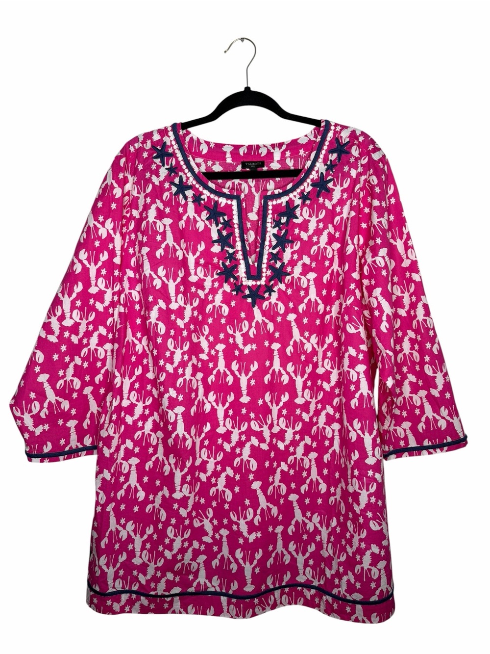 TALBOTS / pink white lobster starfish novelty printed 3/4 sleeve blouse top / 2X